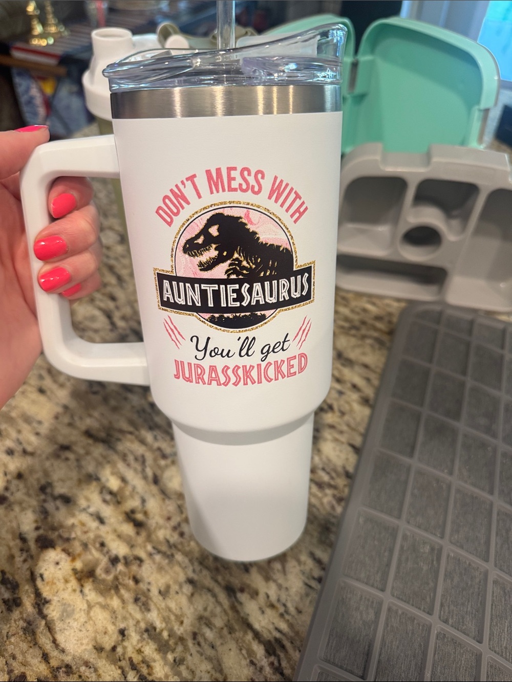 Auntiesaurus White Travel Mug - Don't Mess With Auntiesaurus